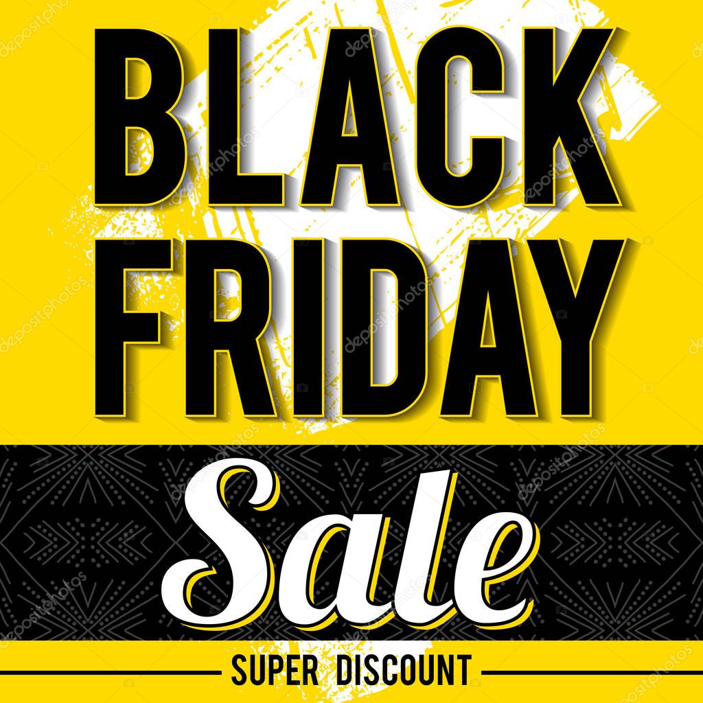 Black friday sale banner on yellow background, vector 