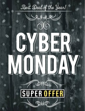Cyber monday sale banner on wooden black background, vector  clipart