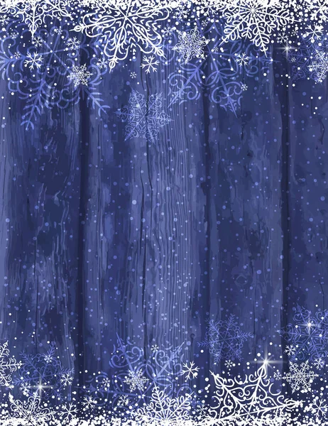 Fondo de Navidad azul madera con copos de nieve, vector — Vector de stock