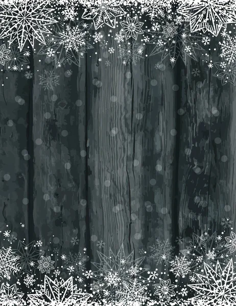 Fondo de Navidad negro de madera con copos de nieve, vector — Vector de stock