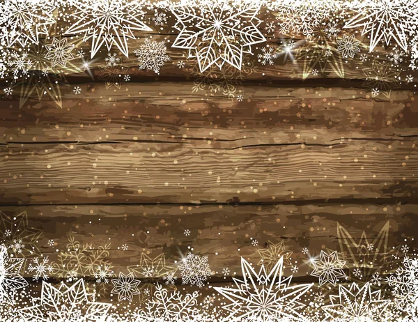 Деревянный коричневый рождественский фон со снежинками и звездами, век — стоковый вектор