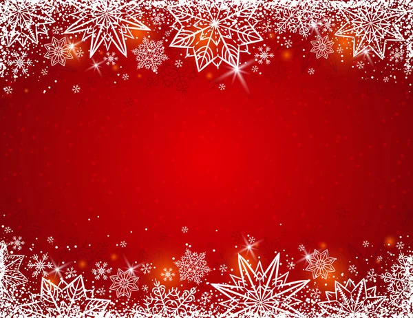 Fundo vermelho com quadro de flocos de neve e estrelas, vetor —  Vetores de Stock