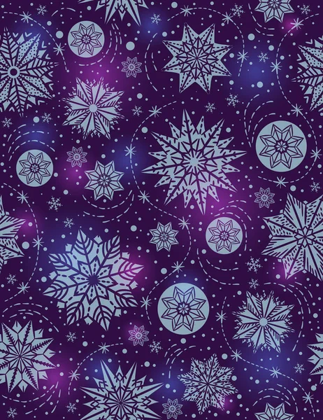 Karácsonyi varrat nélküli mintát háttér hópelyhek és a csillagok, — Stock Vector