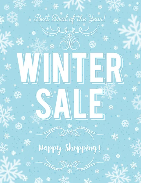 Manifesto natalizio blu con fiocchi di neve e offerta di vendita, vettore — Vettoriale Stock