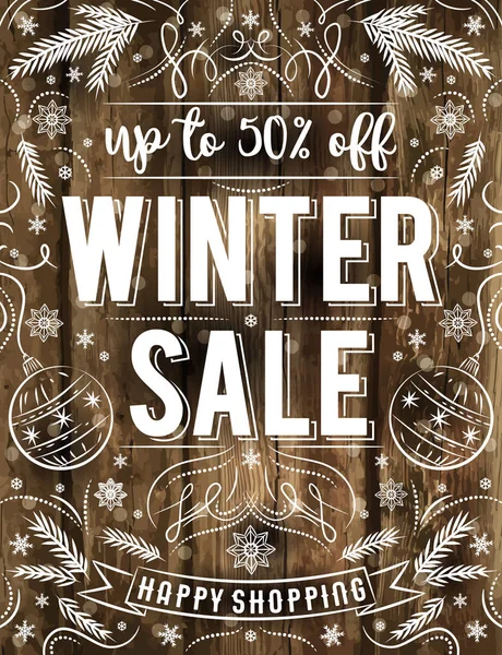 Cartel de Navidad de madera con copos de nieve y oferta de venta, vector — Vector de stock