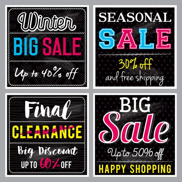 Four Square black banners with sale offer, vector illustration — Stock Vector