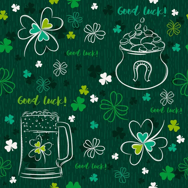 Fond vert sans couture pour Patricks journée avec tasse de bière, pot — Image vectorielle