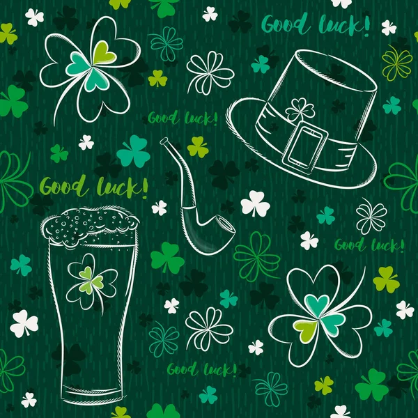 Fond vert sans couture pour Patricks jour avec tasse ber, chapeau — Image vectorielle