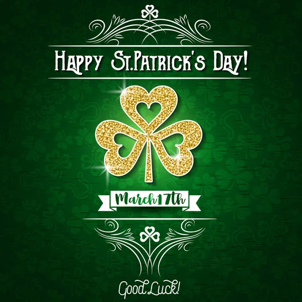 Groene kaart voor Patricks dag met grote golden shamrock, vector il — Stockvector