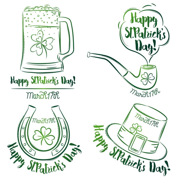 Design para St Patricks Day, shamrock, ferradura, caneca de cerveja — Vetor de Stock