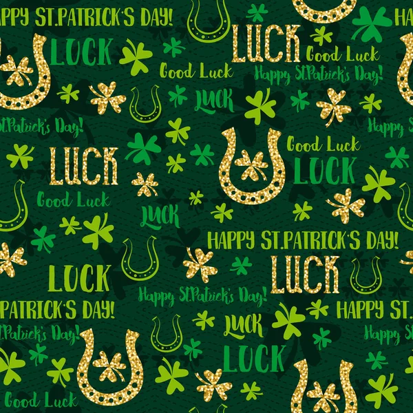 Green  seamless background for Patricks day with golden horsesho — Stock Vector