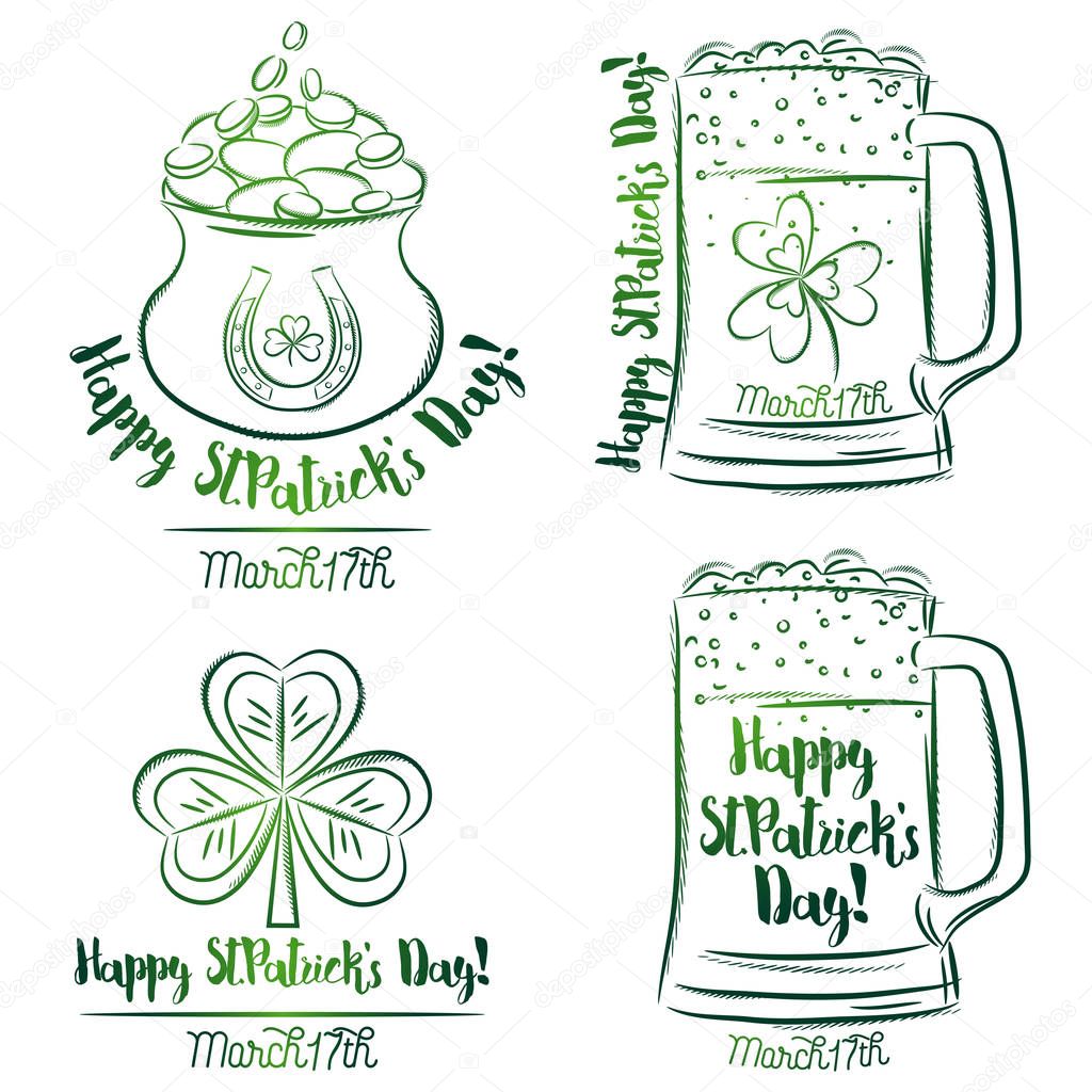 Design  for  St Patricks Day, shamrock, horseshoe, beer mug