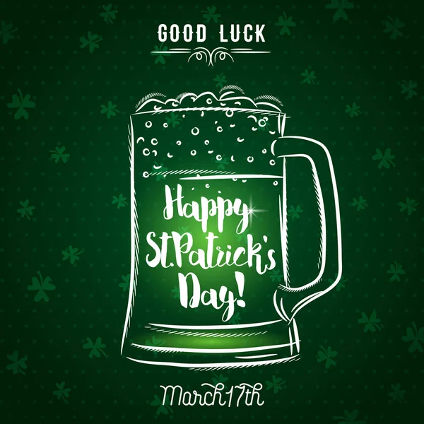 Fondo verde para el Día de San Patricio con taza de cerveza, vector — Vector de stock