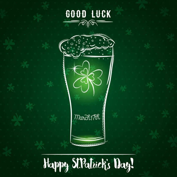 Carte verte pour la Saint-Patrick avec tasse de bière et trèfle — Image vectorielle