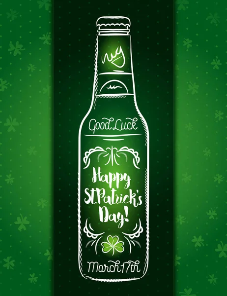 Carte verte pour la Saint Patrick avec une bouteille de bière, trèfle — Image vectorielle