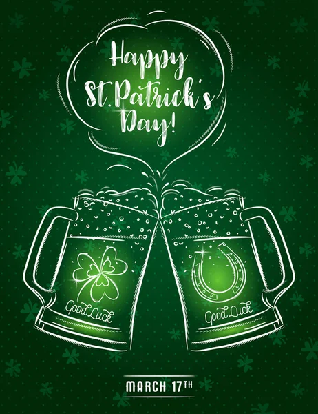 Carte verte pour la Saint-Patrick avec deux tasses à bière, fer à cheval — Image vectorielle