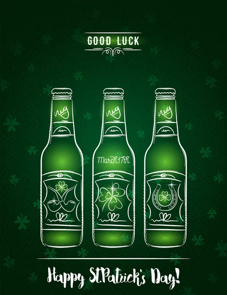Tarjeta verde para el Día de San Patricio con botella de cerveza, herradura — Vector de stock