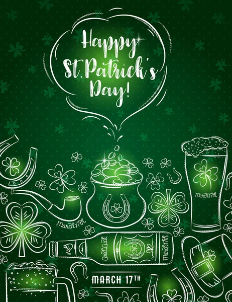 Carta verde per il giorno di San Patrizio con bottiglia di birra, tazza, carne di cavallo — Vettoriale Stock