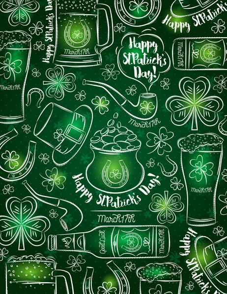 Fondo verde para el Día de San Patricio con botella de cerveza, taza — Vector de stock