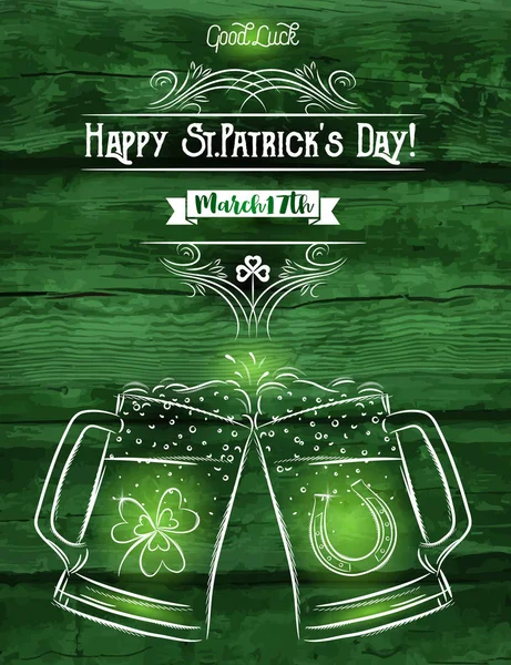 Tarjeta verde para el Día de San Patricio con dos jarras de cerveza, herradura — Vector de stock