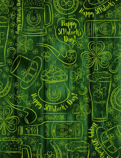Zelené dřevěné pozadí pro den svatého Patrika s pivní lahví — Stockový vektor