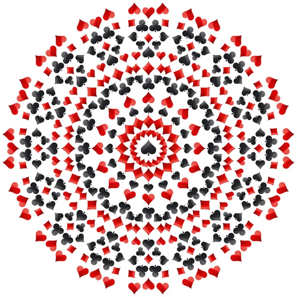 Jeu poker mandala rond avec des symboles rouges et noirs, vecteur — Image vectorielle