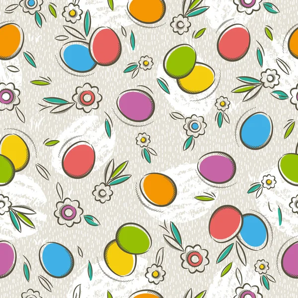 Motifs sans couture avec des oeufs de Pâques de couleur et de fleurs — Image vectorielle