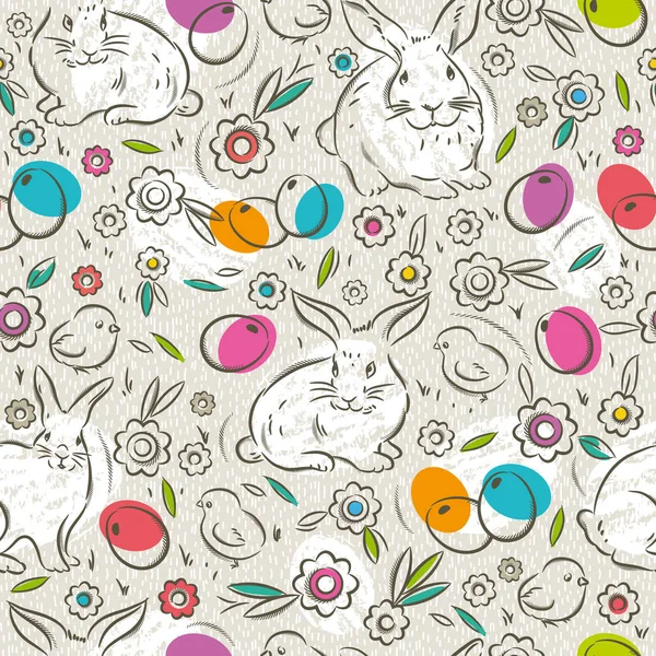 Безшовний візерунок з кольоровими великодніми яйцями, кроликом, квітами і c — стоковий вектор