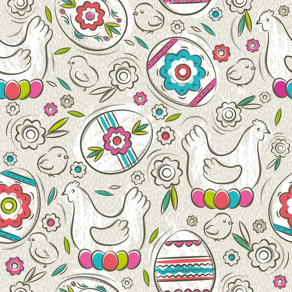 Seamless  pattern with color easter eggs, flowers, hen and chick — Stock Vector