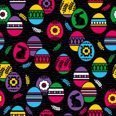 Seamless black background with color easter eggs, flowers and ra clipart