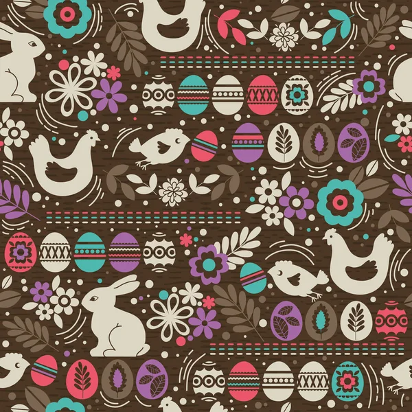 Nahtloses braunes Muster mit farbigen Ostereiern, Kaninchen, Blumen — Stockvektor