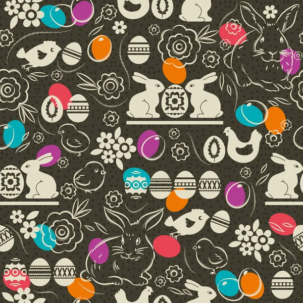 Patrón sin costura con huevos de Pascua de color, conejo, flores — Archivo Imágenes Vectoriales