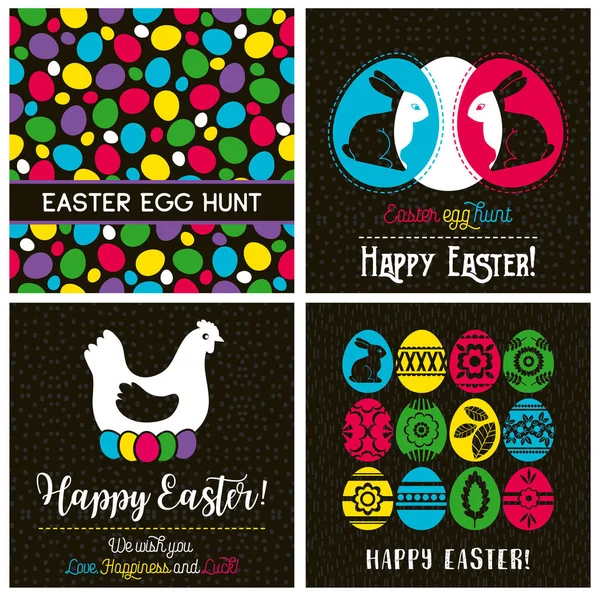 Velikonoční pohlednice s barevné velikonoční vejce, slepice, květiny — Stockový vektor