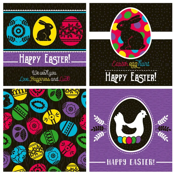 Tarjetas de felicitación de Pascua con huevos de Pascua de color, gallina, flores — Vector de stock