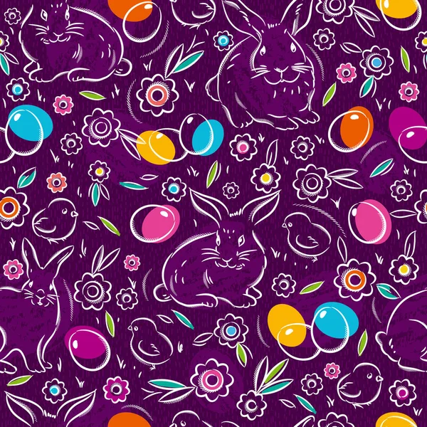 Patrón púrpura sin costuras con huevos de Pascua de color, conejo, flores — Vector de stock