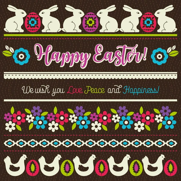 Tarjetas de felicitación de Pascua con huevos de Pascua de color, gallina, flores — Vector de stock