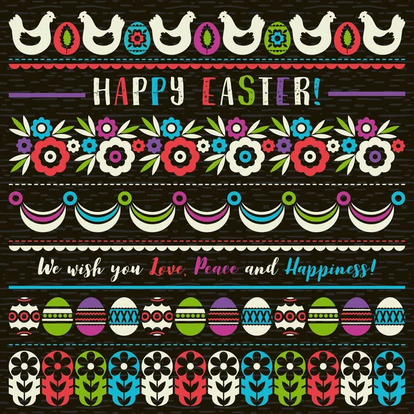 Cartões de felicitações de Páscoa com ovos de páscoa a cores, flores e galinhas — Vetor de Stock