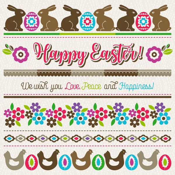 Cartões de cumprimentos de Páscoa com ovos de páscoa a cores, flores, coelho — Vetor de Stock