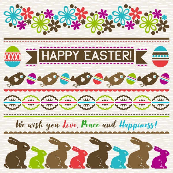 Tarjetas de felicitación de Pascua con huevos de Pascua de color, flores, conejo — Vector de stock