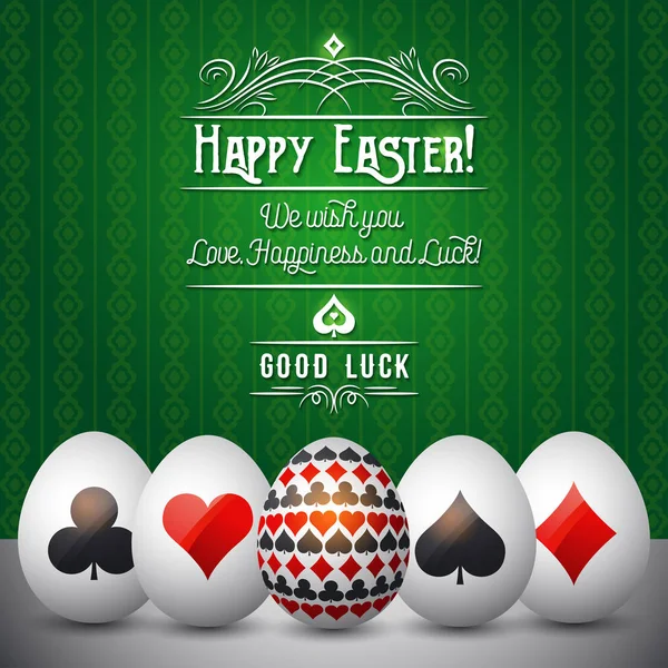 Cartão de felicitações de Páscoa com símbolos vermelhos e pretos sobre ovos brancos — Vetor de Stock