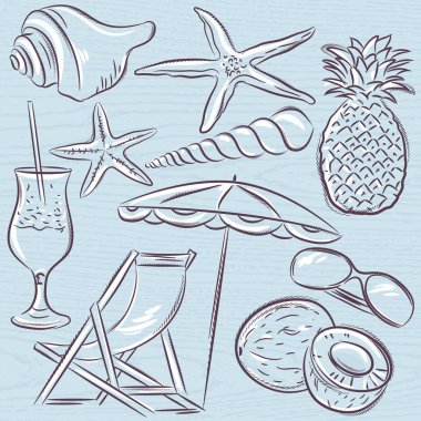 Yaz sembolleri, istiridye, kabuklar, kokteyl, deniz yıldızı dizi