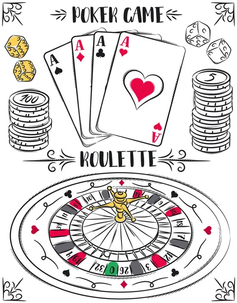 Reihe von Glücksspielsymbolen, Roulette, Ass, Würfel, Chips, Vektor — Stockvektor