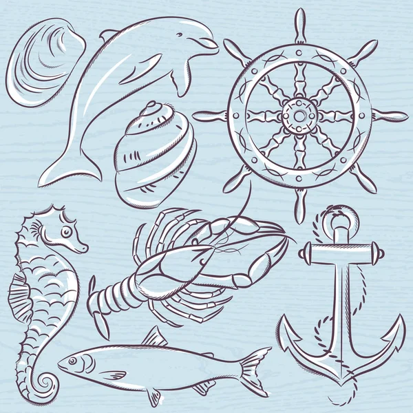 Ensemble de symboles d'été, gouvernail de navire, ancre, coquilles, homard, dolp — Image vectorielle