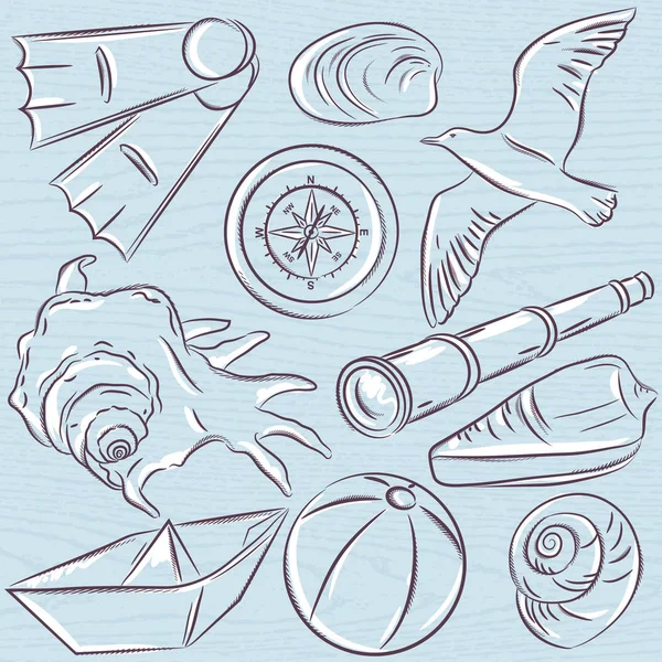 Sommersymbole, Boot, Muschel, Kompass, Teleskop, Meer — Stockvektor