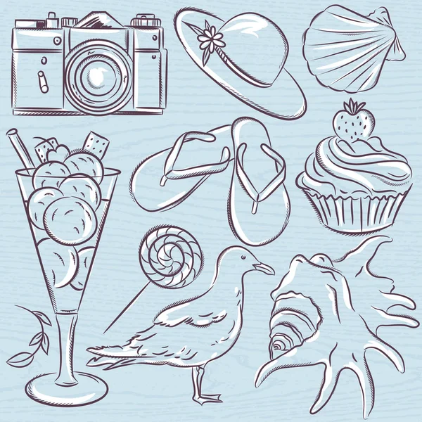 Set of  summer symbols,  seashell, seagull, camera, muffin, hat, — Stock Vector