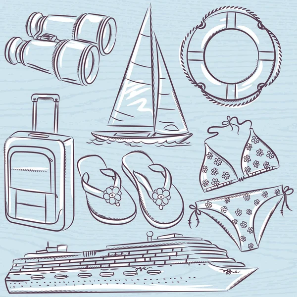 Reihe von Sommersymbolen, Kreuzfahrtschiff, Boot, Koffer, Badeanzug, — Stockvektor