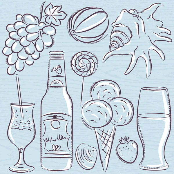 Set of  summer symbols, clams, shells, cocktail, fruits, beer — Stock Vector