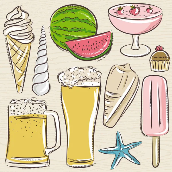 Set of  summer symbols, shells, beer, ice cream, watermelon on a — Stock Vector