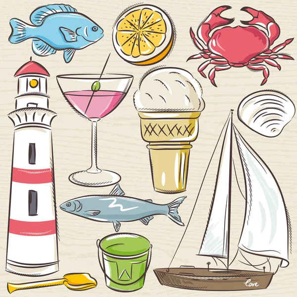 Set of  summer symbols, shells, crab, boat, cocktail, lighthouse — Stock Vector