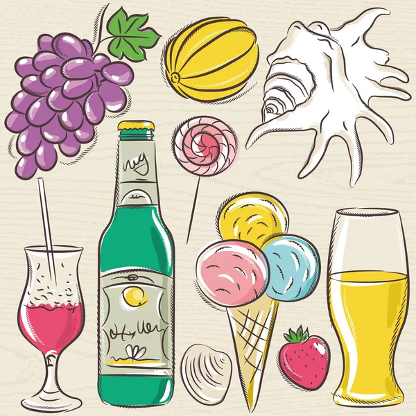 Set of  summer symbols, clams, shells, cocktail, fruits, beer, i — Stock Vector